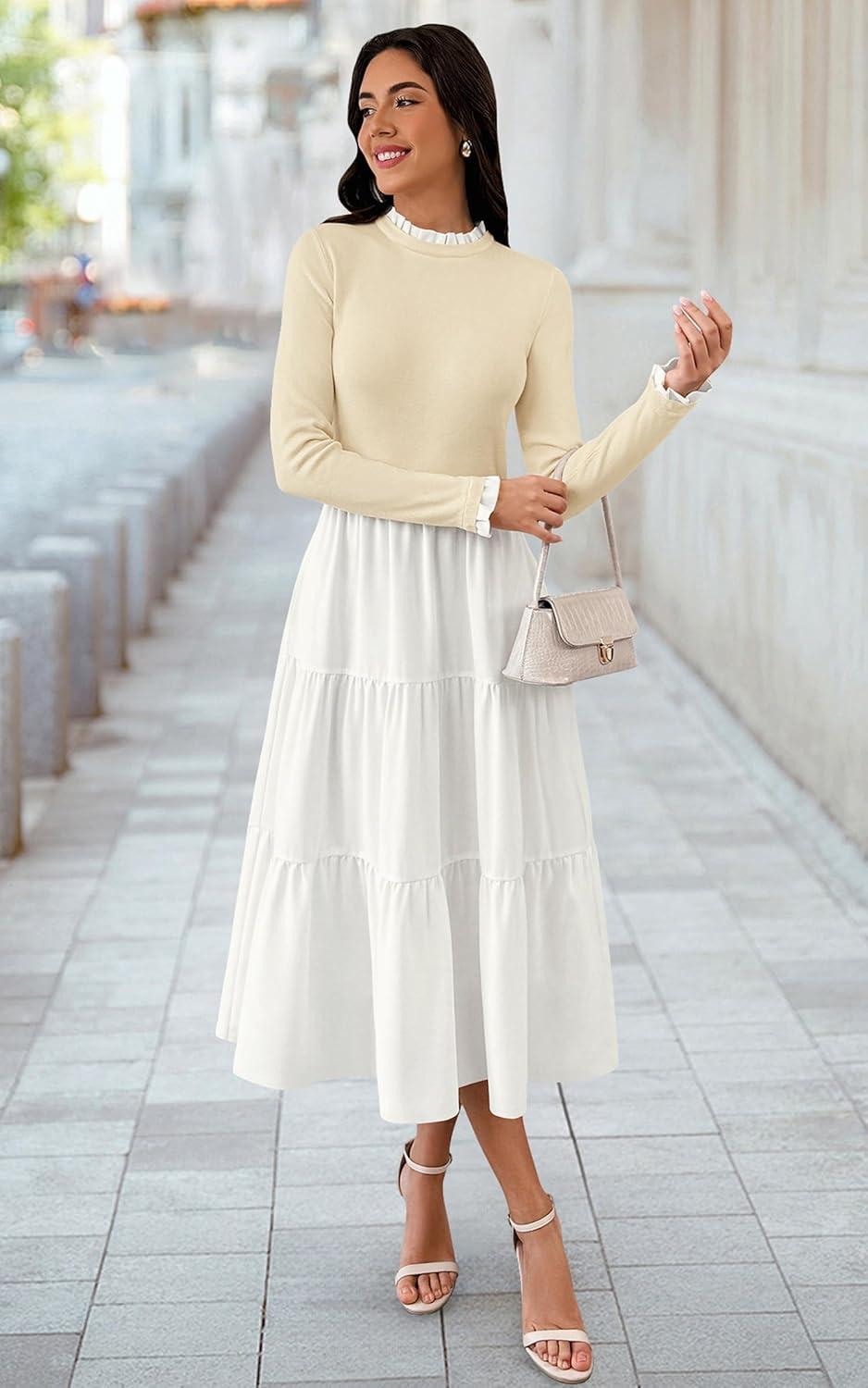 imageECOWISH Sweater Dresses for Women 2025  Fall Patchwork Long Sleeve Knit Flowy ALine Midi Casual One Piece OutfitsBeige