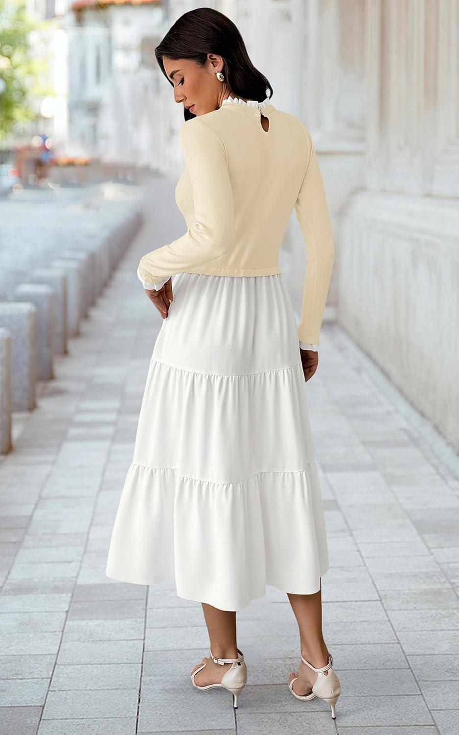 imageECOWISH Sweater Dresses for Women 2025  Fall Patchwork Long Sleeve Knit Flowy ALine Midi Casual One Piece OutfitsBeige