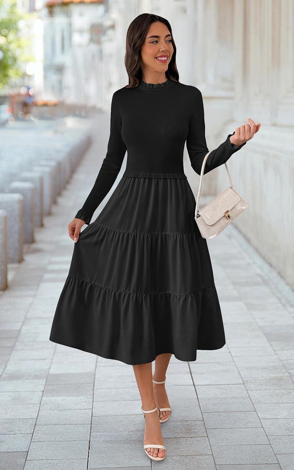 imageECOWISH Sweater Dresses for Women 2025  Fall Patchwork Long Sleeve Knit Flowy ALine Midi Casual One Piece OutfitsBlack