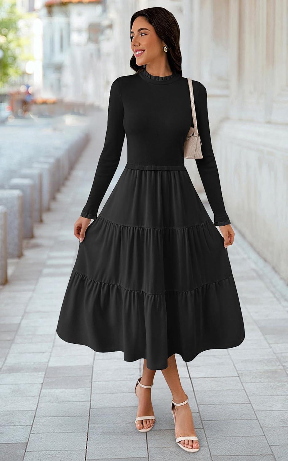 imageECOWISH Sweater Dresses for Women 2025  Fall Patchwork Long Sleeve Knit Flowy ALine Midi Casual One Piece OutfitsBlack