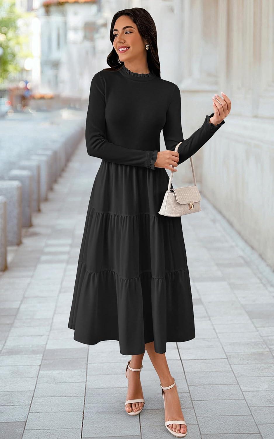 imageECOWISH Sweater Dresses for Women 2025  Fall Patchwork Long Sleeve Knit Flowy ALine Midi Casual One Piece OutfitsBlack