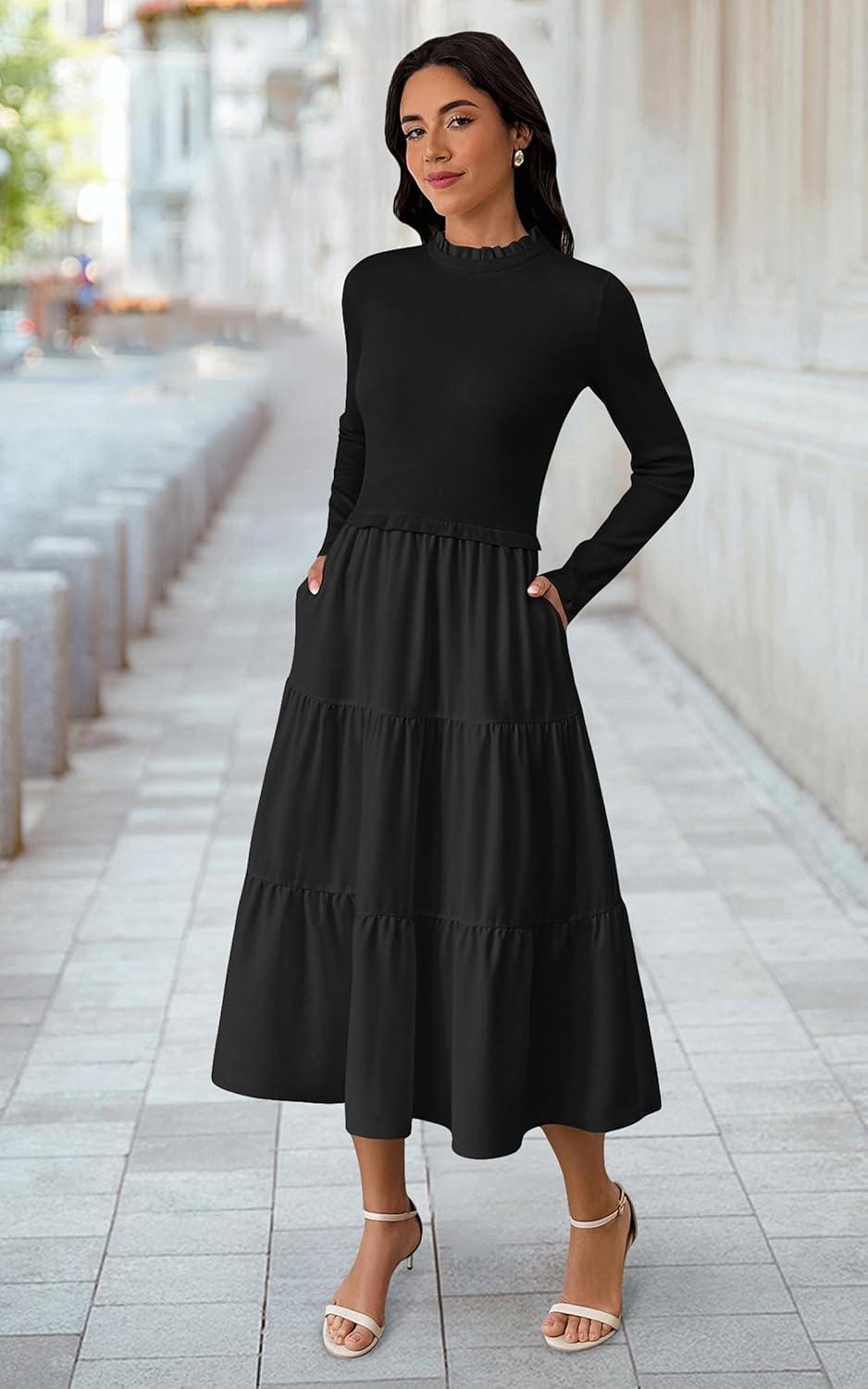 imageECOWISH Sweater Dresses for Women 2025  Fall Patchwork Long Sleeve Knit Flowy ALine Midi Casual One Piece OutfitsBlack