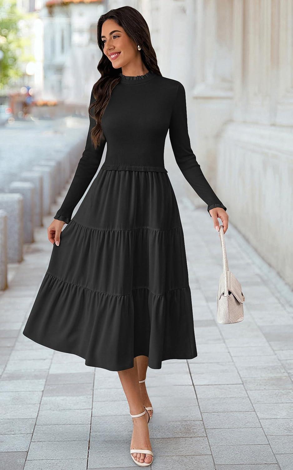 imageECOWISH Sweater Dresses for Women 2025  Fall Patchwork Long Sleeve Knit Flowy ALine Midi Casual One Piece OutfitsBlack