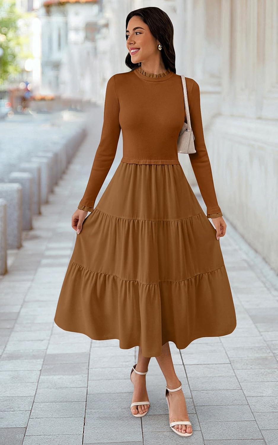 imageECOWISH Sweater Dresses for Women 2025  Fall Patchwork Long Sleeve Knit Flowy ALine Midi Casual One Piece OutfitsBrown