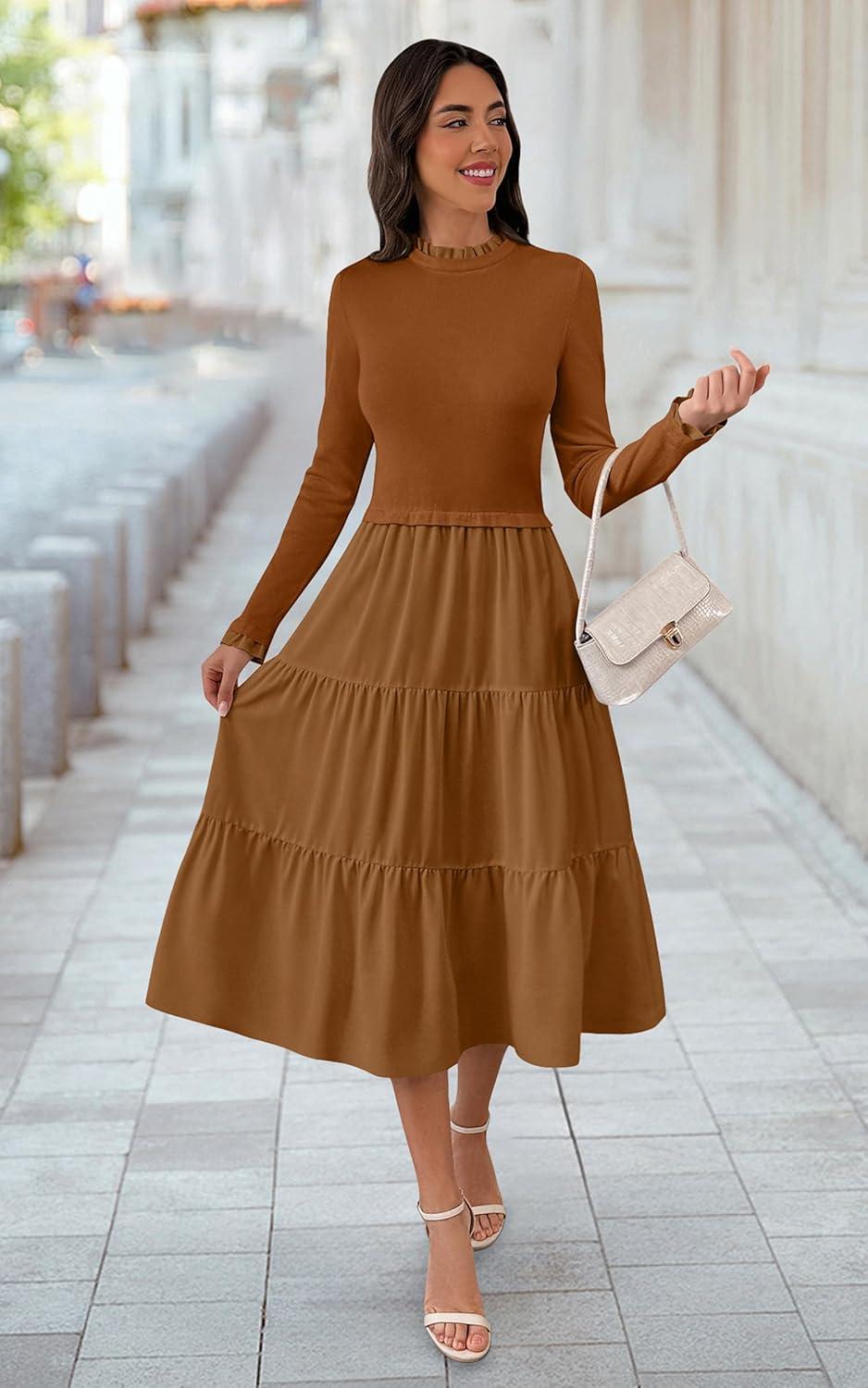 imageECOWISH Sweater Dresses for Women 2025  Fall Patchwork Long Sleeve Knit Flowy ALine Midi Casual One Piece OutfitsBrown