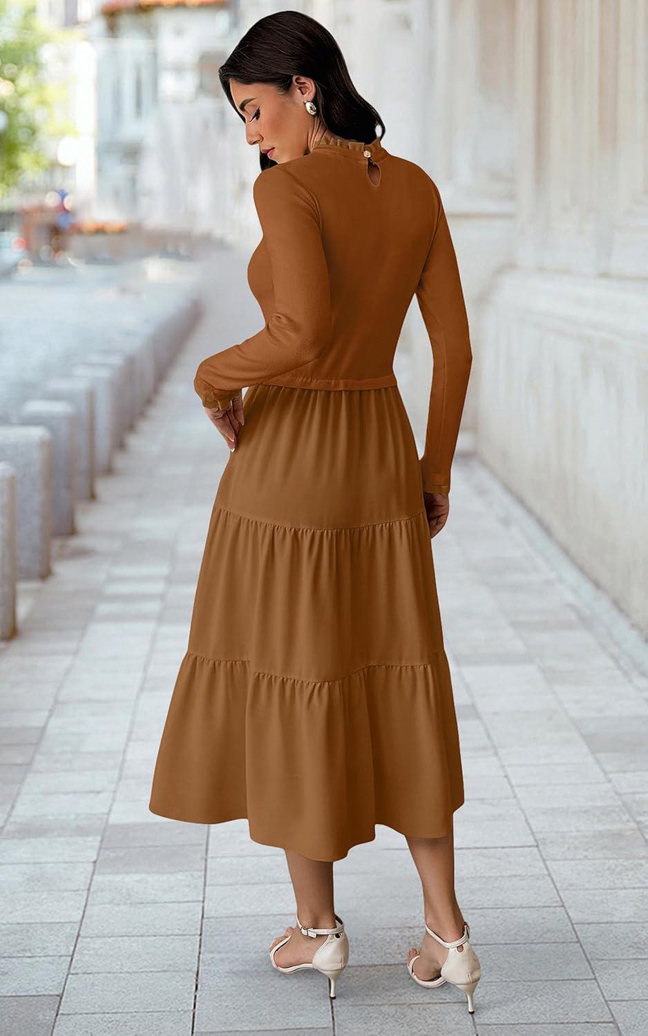 imageECOWISH Sweater Dresses for Women 2025  Fall Patchwork Long Sleeve Knit Flowy ALine Midi Casual One Piece OutfitsBrown