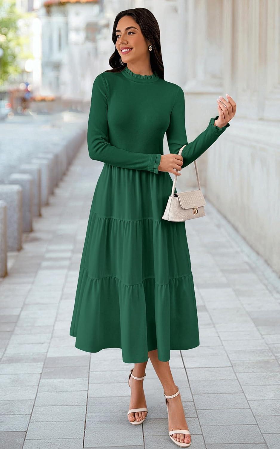imageECOWISH Sweater Dresses for Women 2025  Fall Patchwork Long Sleeve Knit Flowy ALine Midi Casual One Piece OutfitsDark Green