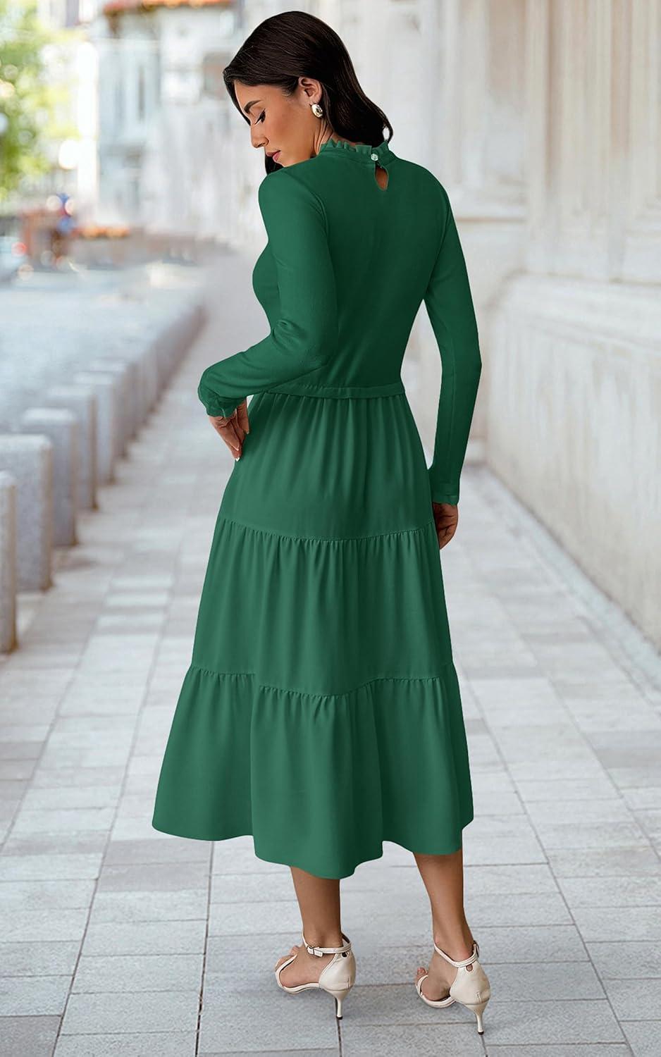imageECOWISH Sweater Dresses for Women 2025  Fall Patchwork Long Sleeve Knit Flowy ALine Midi Casual One Piece OutfitsDark Green