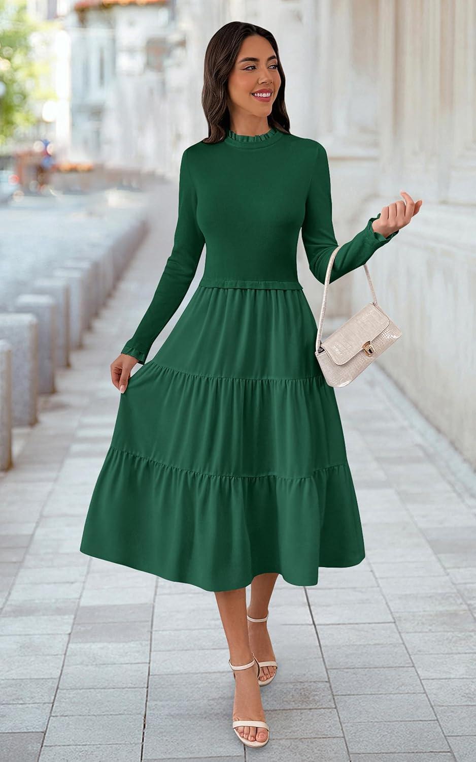 imageECOWISH Sweater Dresses for Women 2025  Fall Patchwork Long Sleeve Knit Flowy ALine Midi Casual One Piece OutfitsDark Green