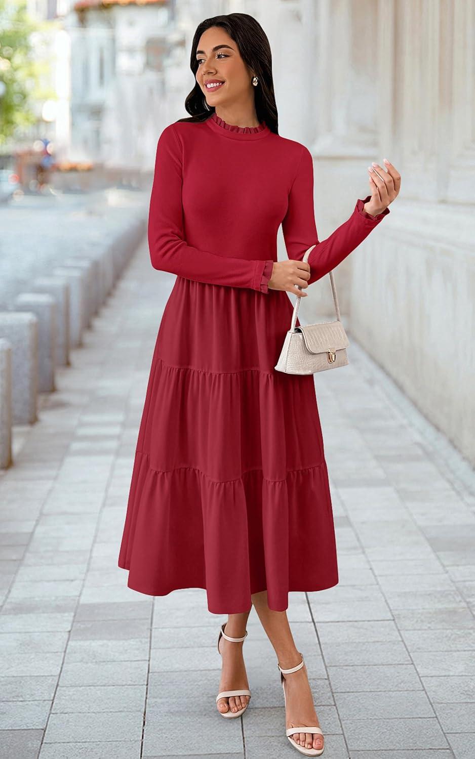 imageECOWISH Sweater Dresses for Women 2025  Fall Patchwork Long Sleeve Knit Flowy ALine Midi Casual One Piece OutfitsRed