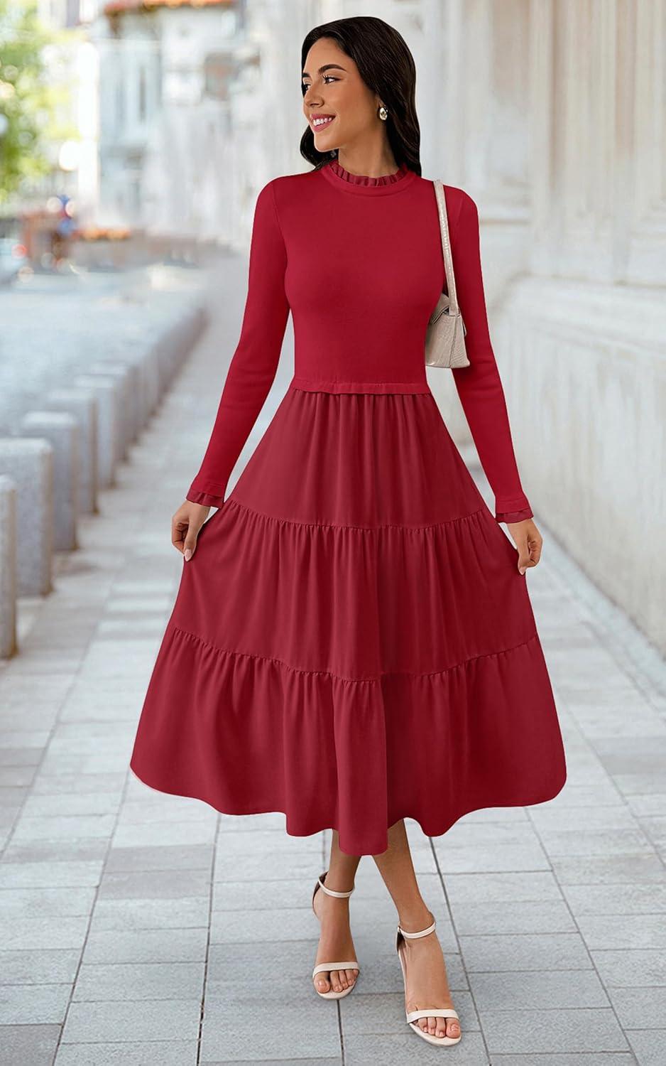 imageECOWISH Sweater Dresses for Women 2025  Fall Patchwork Long Sleeve Knit Flowy ALine Midi Casual One Piece OutfitsRed