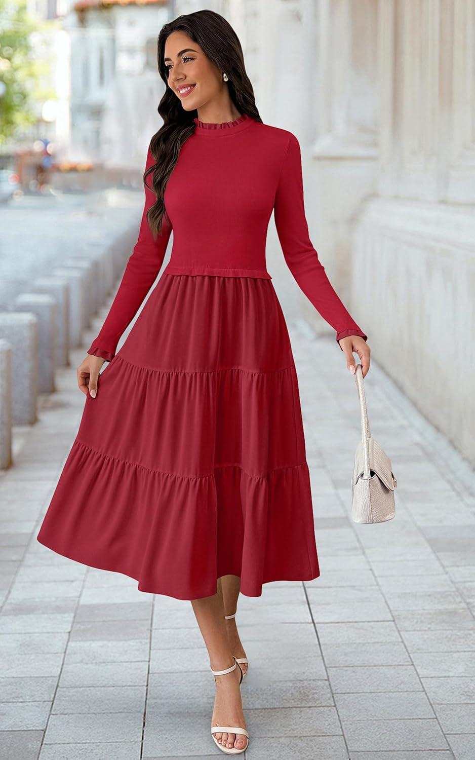 imageECOWISH Sweater Dresses for Women 2025  Fall Patchwork Long Sleeve Knit Flowy ALine Midi Casual One Piece OutfitsRed