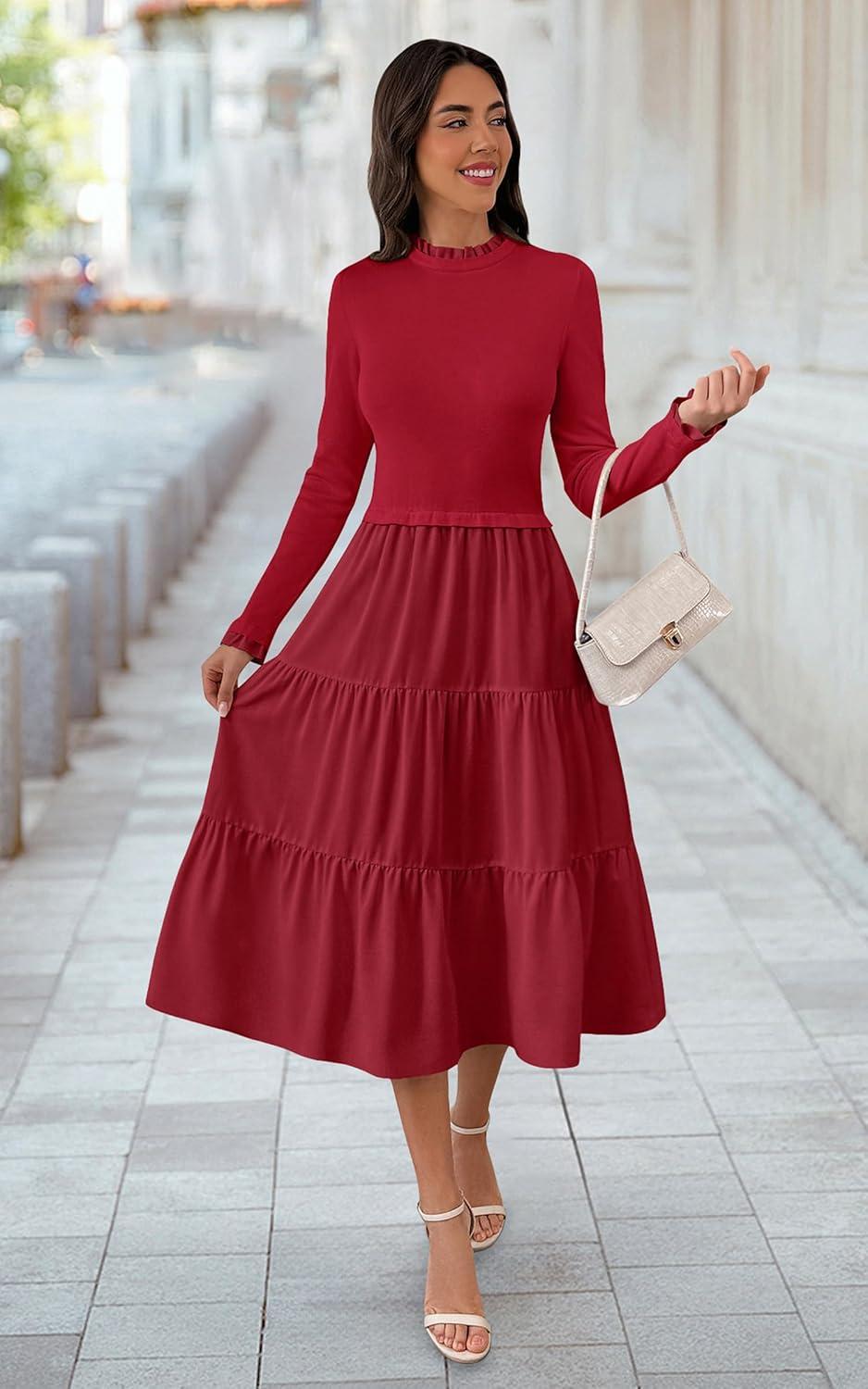 imageECOWISH Sweater Dresses for Women 2025  Fall Patchwork Long Sleeve Knit Flowy ALine Midi Casual One Piece OutfitsRed