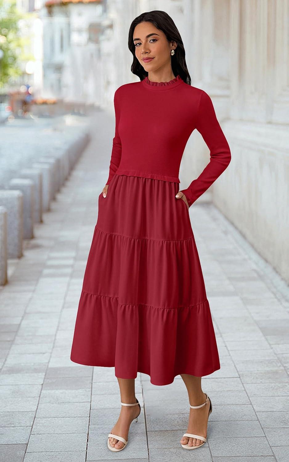 imageECOWISH Sweater Dresses for Women 2025  Fall Patchwork Long Sleeve Knit Flowy ALine Midi Casual One Piece OutfitsRed