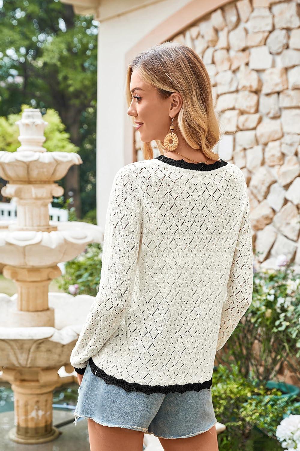 imageECOWISH Womens Lightweight Sweater Cardigan  Long Sleeve V Neck Button HollowedOut Knit Shurg Crop Tops with PocketsBeige