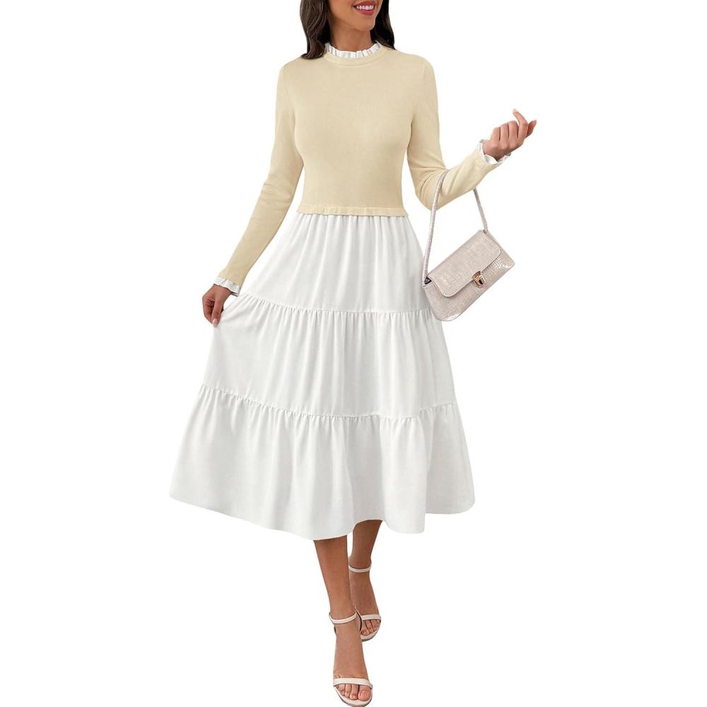 imageECOWISH Sweater Dresses for Women 2025  Fall Patchwork Long Sleeve Knit Flowy ALine Midi Casual One Piece OutfitsBeige