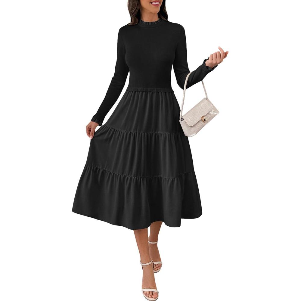 imageECOWISH Sweater Dresses for Women 2025  Fall Patchwork Long Sleeve Knit Flowy ALine Midi Casual One Piece OutfitsBlack