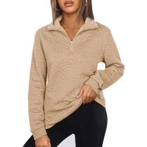 imageECOWISH Women Tops Quarter Zip Fall Winter Spring Tunic Casual Oversized Sweatshirt Ribbed Quilted Pullover Vneck Outfit 202567khaki