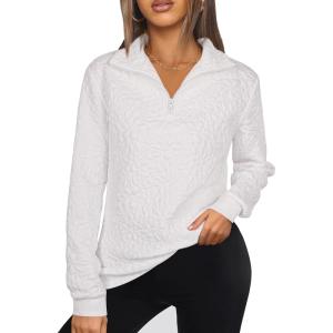 imageECOWISH Women Tops Quarter Zip Fall Winter Spring Tunic Casual Oversized Sweatshirt Ribbed Quilted Pullover Vneck Outfit 202567white