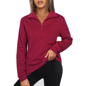 imageECOWISH Women Tops Quarter Zip Fall Winter Spring Tunic Casual Oversized Sweatshirt Ribbed Quilted Pullover Vneck Outfit 202567wine Red