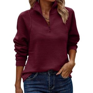 imageECOWISH Women Tops Quarter Zip Fall Winter Spring Tunic Casual Oversized Sweatshirt Ribbed Quilted Pullover Vneck Outfit 2025Wine Red