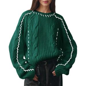 imageECOWISH Oversized Sweaters for Women Fall Winter Cable Knit Chunky Color Block Tops Jumper Long Sleeve Crewneck Pullover 2025Dark Greenv