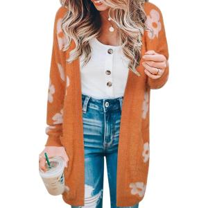 imageECOWISH Women Cardigan Sweaters Long Floral Striped Winter Fall Long Sleeve Open Front Cozy Knitted Daisy Fuzzy Coats Outwear69orange Floral