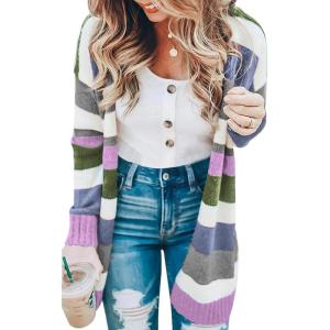 imageECOWISH Women Cardigan Sweaters Long Floral Striped Winter Fall Long Sleeve Open Front Cozy Knitted Daisy Fuzzy Coats OutwearPurple
