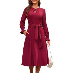 imageECOWISH Womens Midi Dress 2025 Fall Long Sleeve Tie Waist Elegant Work Party Cocktail A Line Flowy Dresses with PocketsWine Red