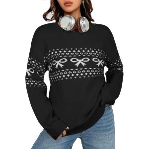 imageECOWISH Womens Sweaters Casual Lantern Long Sleeve Knit Tops Bow Jumper Crew Neck Pullover Oversized Outfits Fall Winter 2025Black