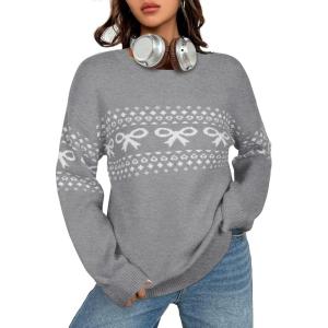 imageECOWISH Womens Sweaters Casual Lantern Long Sleeve Knit Tops Bow Jumper Crew Neck Pullover Oversized Outfits Fall Winter 2025Gray