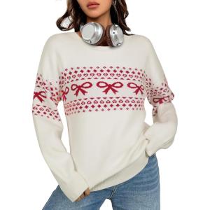 imageECOWISH Womens Sweaters Casual Lantern Long Sleeve Knit Tops Bow Jumper Crew Neck Pullover Oversized Outfits Fall Winter 2025White