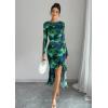 imageECOWISH Womens Ruched Bodycon Maxi Dress 2025 Long Sleeve Ruffle Hem Mermaid Dress Formal Cocktail Wedding Party DressesGreen