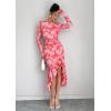 imageECOWISH Womens Ruched Bodycon Maxi Dress 2025 Long Sleeve Ruffle Hem Mermaid Dress Formal Cocktail Wedding Party DressesPink