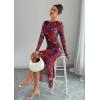imageECOWISH Womens Ruched Bodycon Maxi Dress 2025 Long Sleeve Ruffle Hem Mermaid Dress Formal Cocktail Wedding Party DressesPurple Red Big Floral