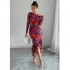 imageECOWISH Womens Ruched Bodycon Maxi Dress 2025 Long Sleeve Ruffle Hem Mermaid Dress Formal Cocktail Wedding Party DressesPurple Red Big Floral