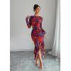 imageECOWISH Womens Ruched Bodycon Maxi Dress 2025 Long Sleeve Ruffle Hem Mermaid Dress Formal Cocktail Wedding Party DressesPurple Red Big Floral