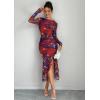 imageECOWISH Womens Ruched Bodycon Maxi Dress 2025 Long Sleeve Ruffle Hem Mermaid Dress Formal Cocktail Wedding Party DressesPurple Red Big Floral