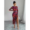 imageECOWISH Womens Ruched Bodycon Maxi Dress 2025 Long Sleeve Ruffle Hem Mermaid Dress Formal Cocktail Wedding Party DressesPurple Red Big Floral