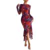 imageECOWISH Womens Ruched Bodycon Maxi Dress 2025 Long Sleeve Ruffle Hem Mermaid Dress Formal Cocktail Wedding Party DressesPurple Red Big Floral