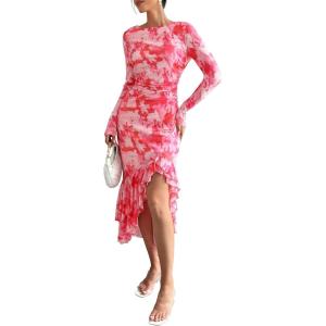 imageECOWISH Womens Ruched Bodycon Maxi Dress 2025 Long Sleeve Ruffle Hem Mermaid Dress Formal Cocktail Wedding Party DressesPink