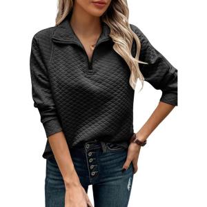 imageECOWISH Women Tops Quarter Zip Fall Winter Tunics Casual Oversized Pullover Ribbed Quilted V Neck Collared Outfits Loose 202523black