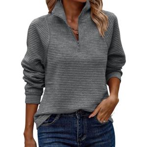 imageECOWISH Women Tops Quarter Zip Fall Winter Tunics Casual Oversized Pullover Ribbed Quilted V Neck Collared Outfits Loose 2025Dark Grey