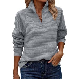 imageECOWISH Women Tops Quarter Zip Fall Winter Tunics Casual Oversized Pullover Ribbed Quilted V Neck Collared Outfits Loose 2025Hemp Gray