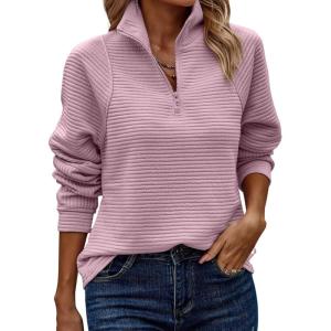 imageECOWISH Women Tops Quarter Zip Fall Winter Tunics Casual Oversized Pullover Ribbed Quilted V Neck Collared Outfits Loose 2025Pink