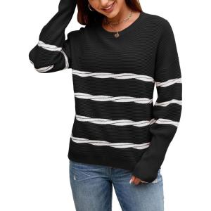 imageECOWISH Womens Long Sleeve Crewneck Striped Sweater  Fall 2025 Trendy Casual Knitwear for Office ampamp Daily WearBlack