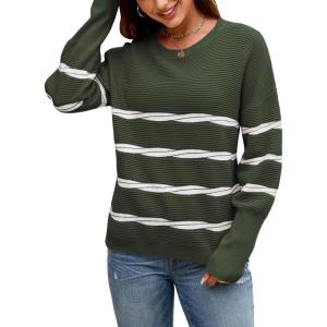 imageECOWISH Womens Long Sleeve Crewneck Striped Sweater  Fall 2025 Trendy Casual Knitwear for Office ampamp Daily WearGreen