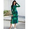 imageECOWISH Womens Bodycon Maxi Dress Fall Long Sleeve Floral Mesh Tight Fitted Party Club Ruched Tie Dye Side Slit DressesGreen Floralv