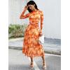 imageECOWISH Womens Bodycon Maxi Dress Fall Long Sleeve Floral Mesh Tight Fitted Party Club Ruched Tie Dye Side Slit DressesOrange Floralv