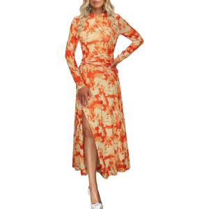 imageECOWISH Womens Bodycon Maxi Dress Fall Long Sleeve Floral Mesh Tight Fitted Party Club Ruched Tie Dye Side Slit DressesOrange Floralv
